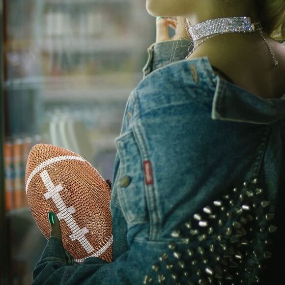 Gold Football Shaped Purse Rhinestone Crystal Evening Bag Super Bowl - Picture 4 of 6